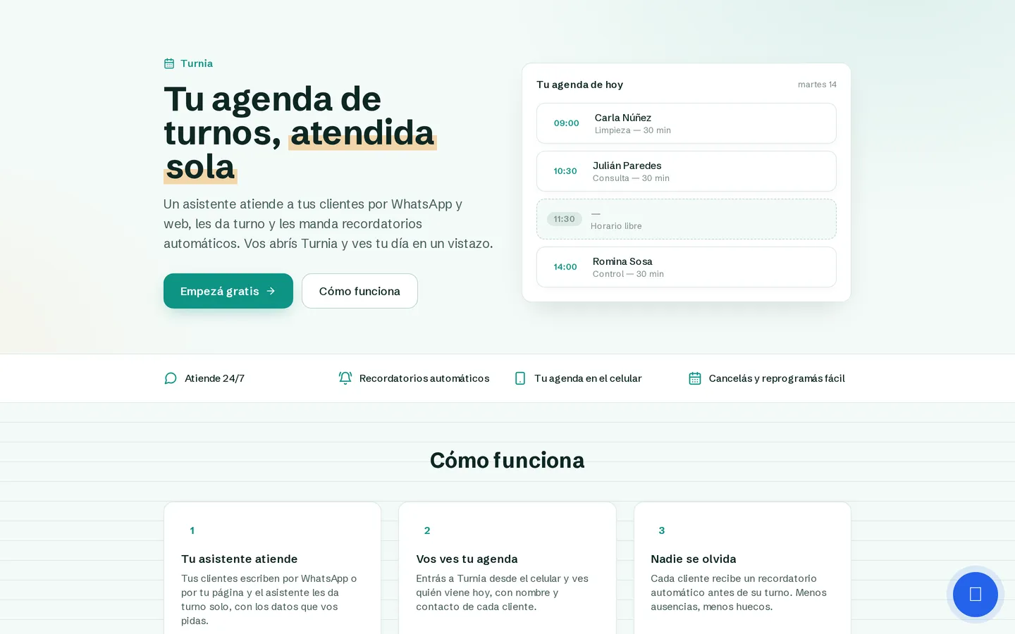 Portada de Turnia: «Tu agenda de turnos, atendida sola» junto a la agenda del día.