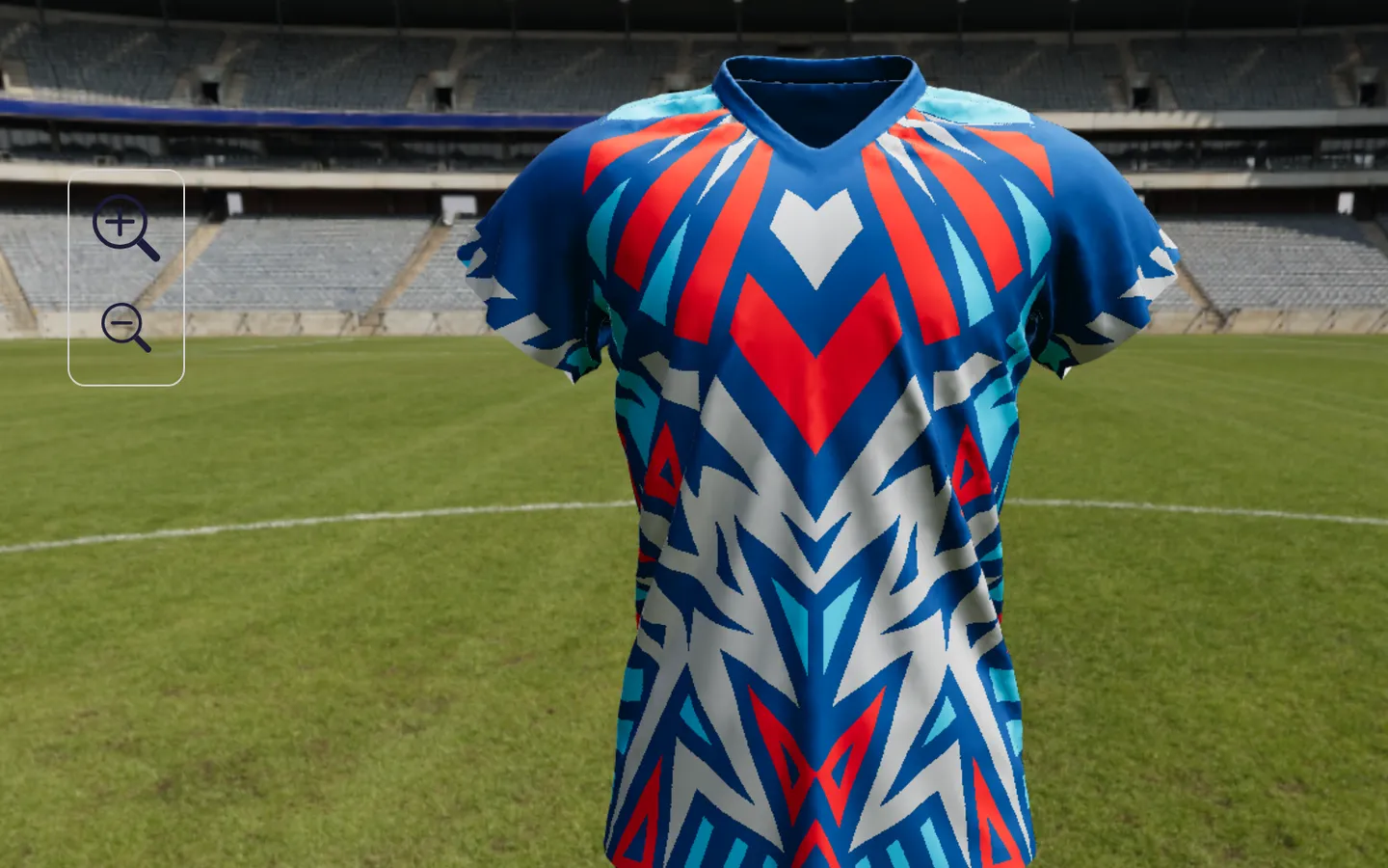 Camiseta de fútbol en 3D sobre un estadio, con controles de zoom: el configurador funcionando.