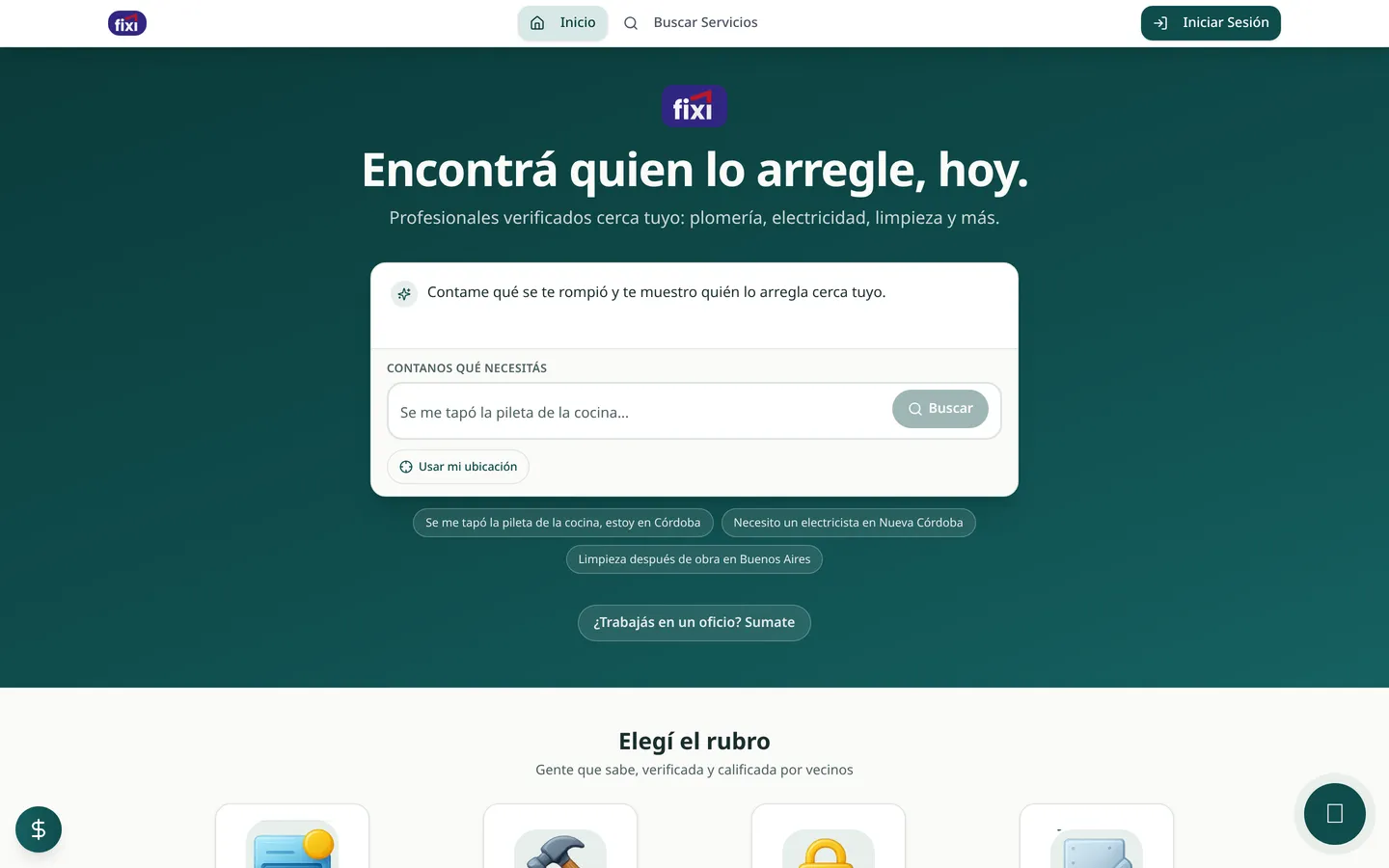 Portada de Fixi Hogar: «Encontrá quien lo arregle, hoy» con un buscador por lo que se rompió.